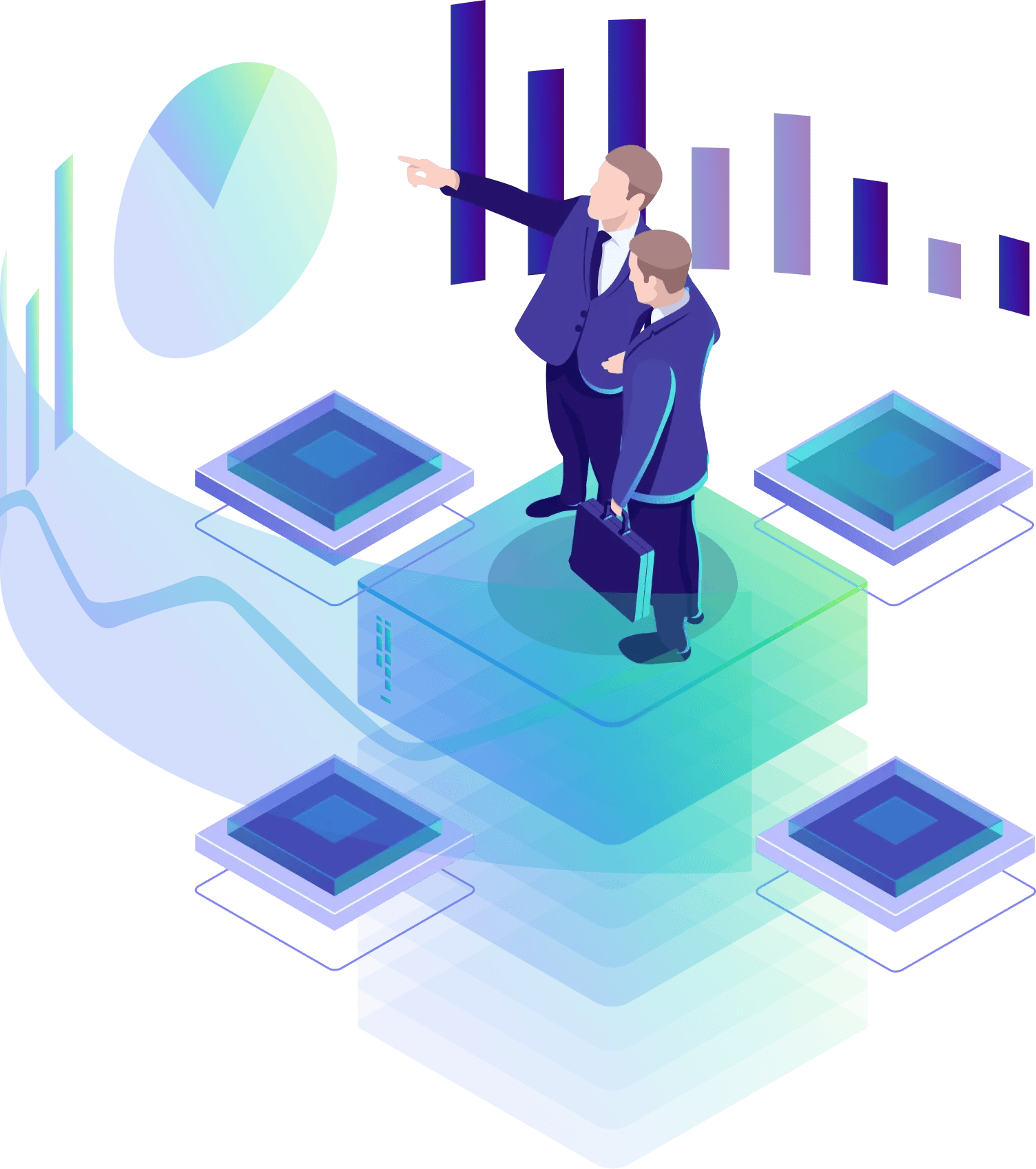 Graphic of two business professionals discussing data analysis, surrounded by graphs and charts