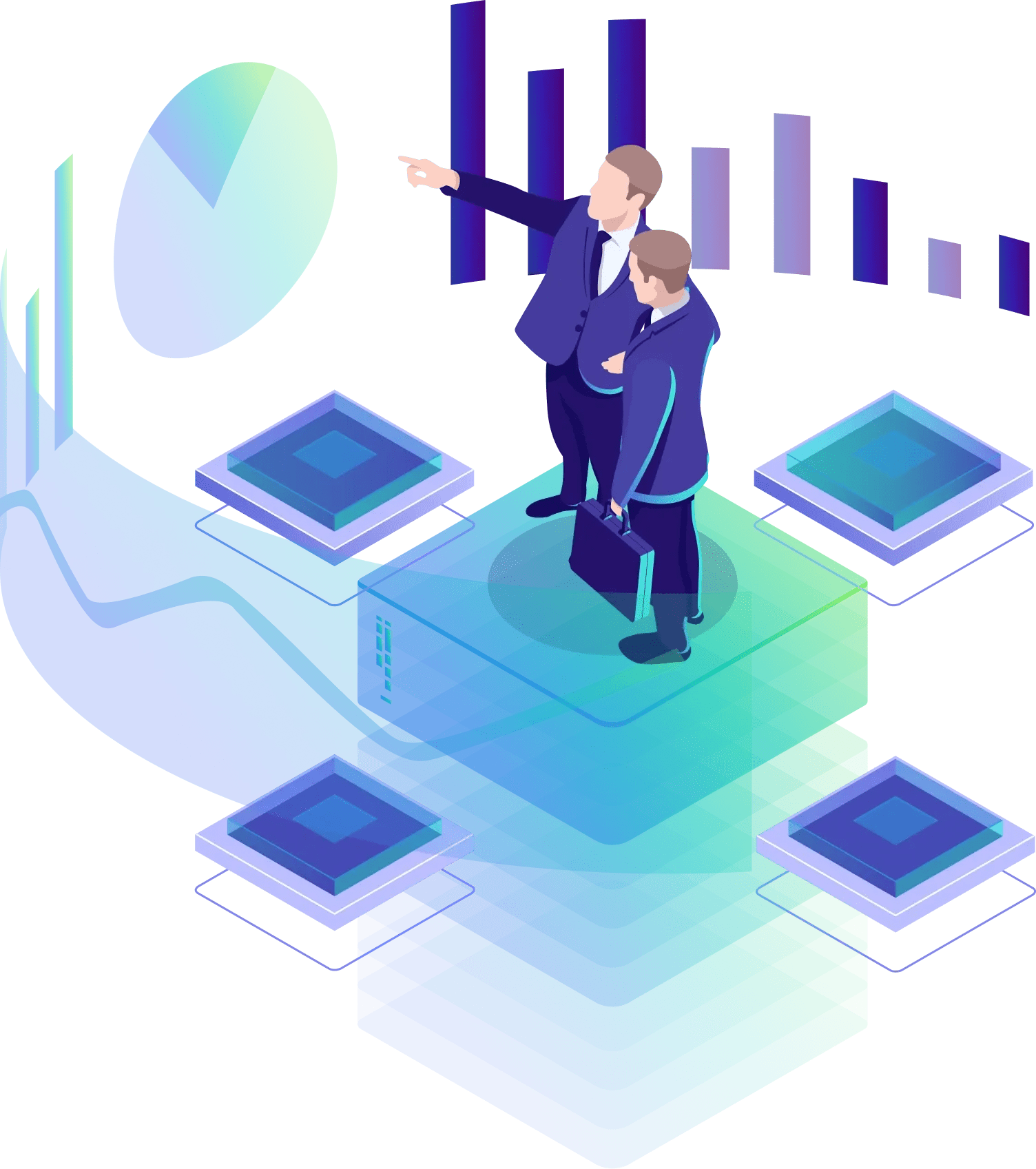 Graphic of two business professionals discussing data analysis, surrounded by graphs and charts