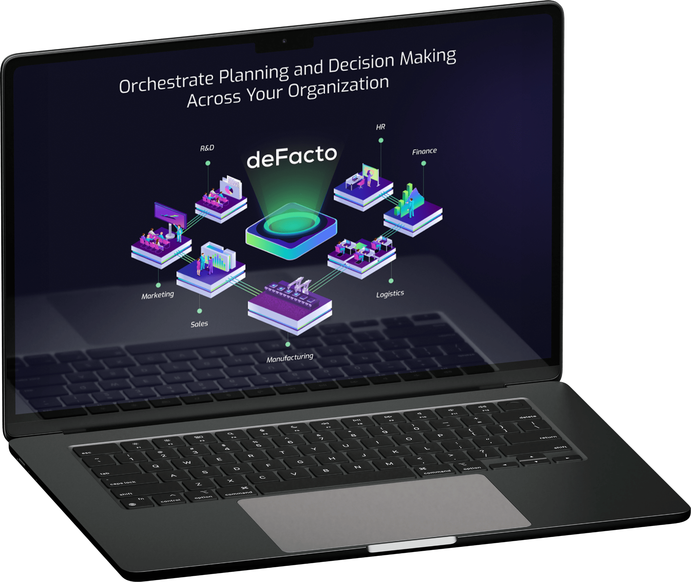 Laptop displaying deFacto's decision-making tools for various departments.