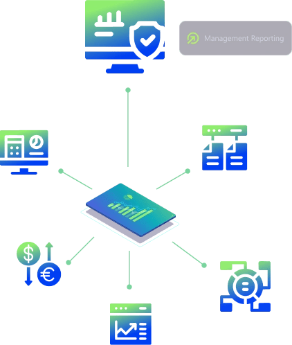 Financial reporting graphic with data charts, document, and money icons, featuring a highlighted management reporting symbol."