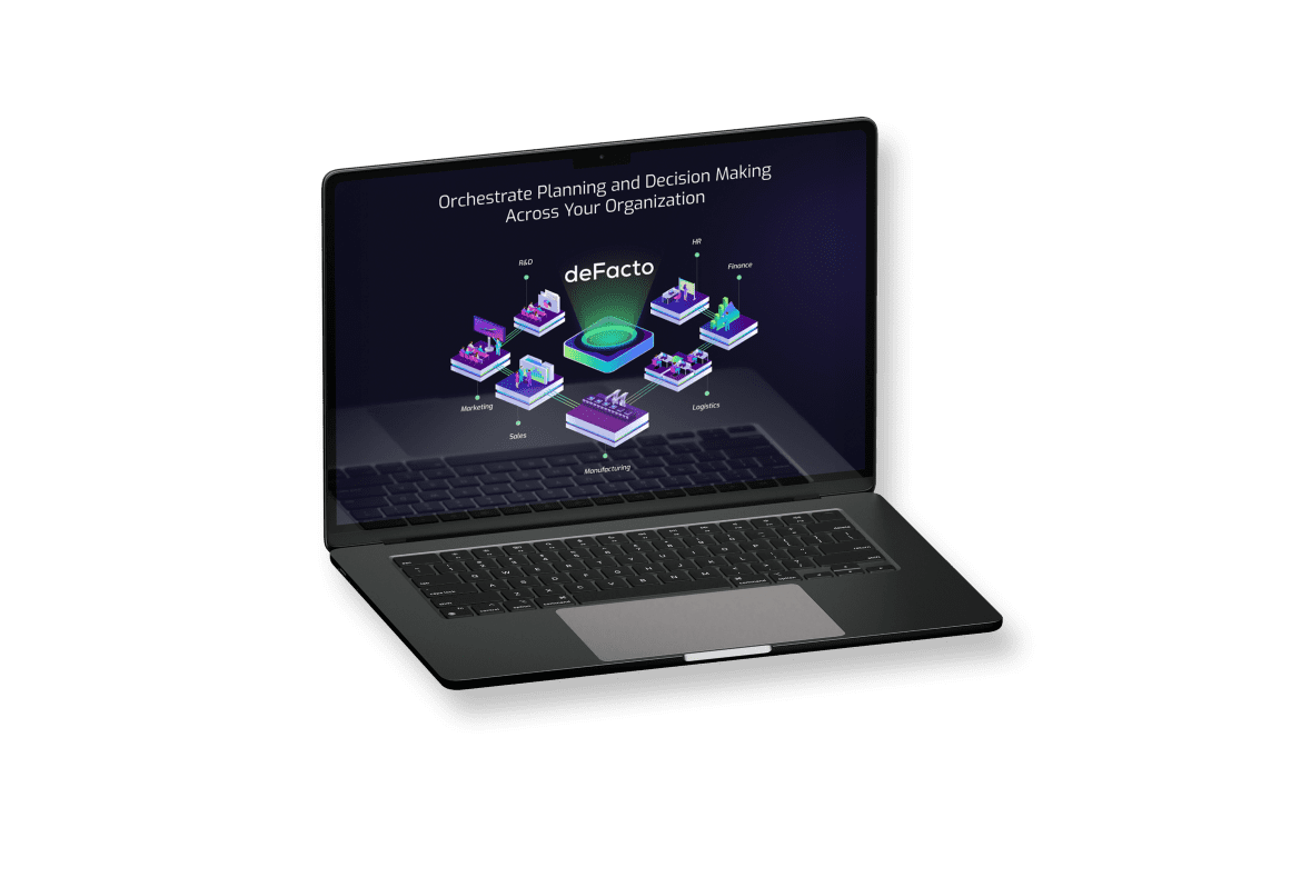 Laptop displaying deFacto system interface for orchestrating business planning and performance management