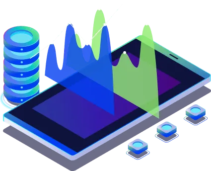 Smartphone displaying an analytics dashboard with charts and data storage icons