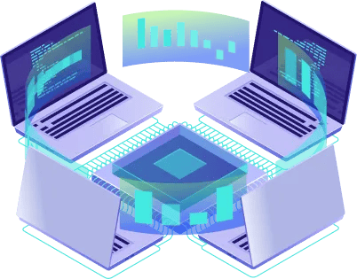 Visual representation of cloud computing with laptops and data graphs.