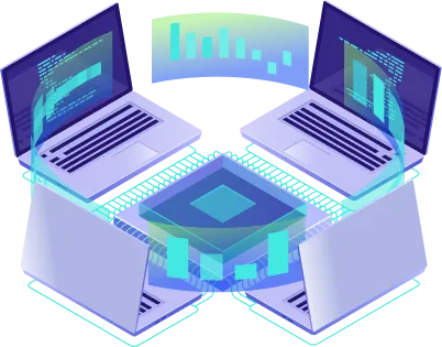 Visual representation of cloud computing with laptops and data graphs.
