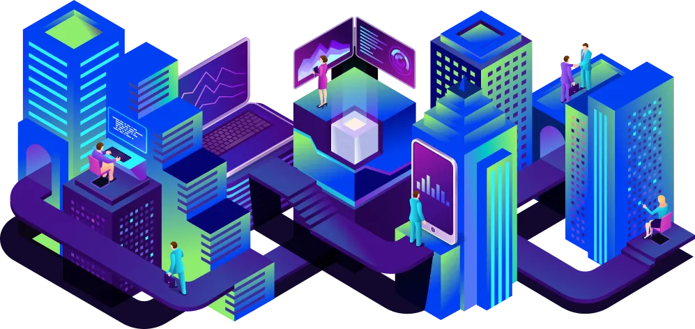 Artistic representation of a digital city with skyscrapers and individuals using technology.