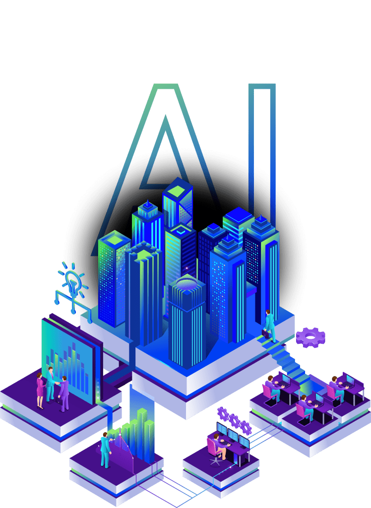 Isometric 3D illustration of AI-powered smart city with office workers, data analytics, and digital infrastructure.