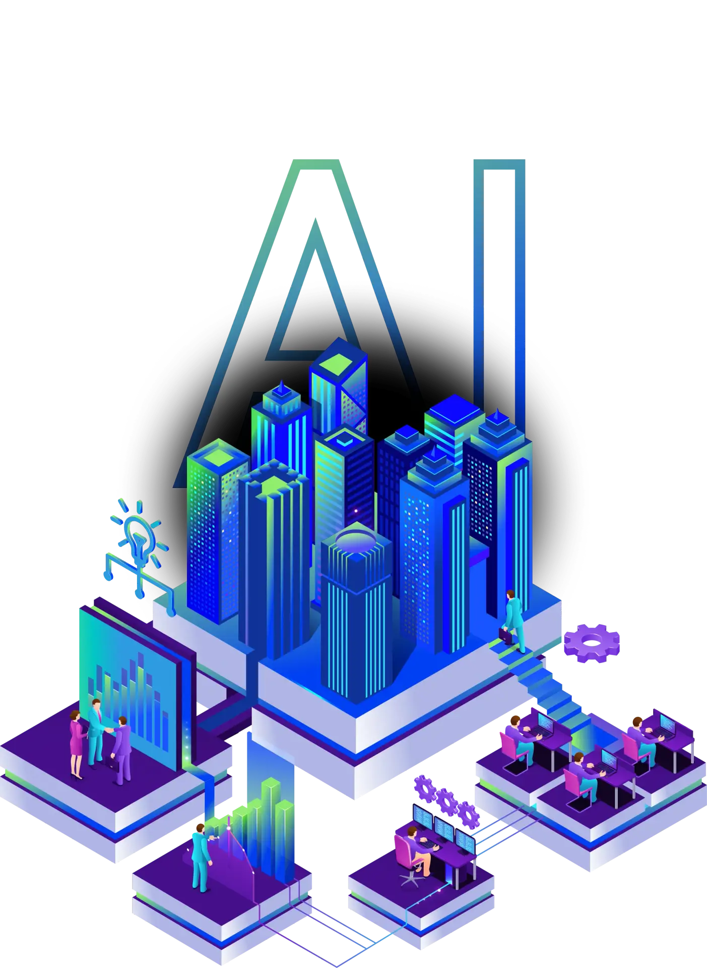 Isometric 3D illustration of AI-powered smart city with office workers, data analytics, and digital infrastructure.