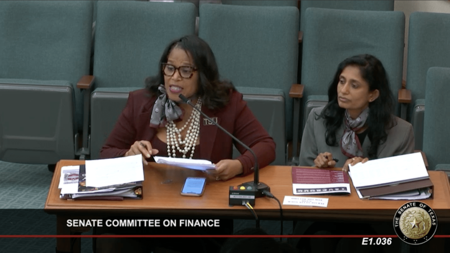 TSU President Dr. Lesia Crumpton-Young speaks before the Texas State Legislature’s Senate Committee on Finance.