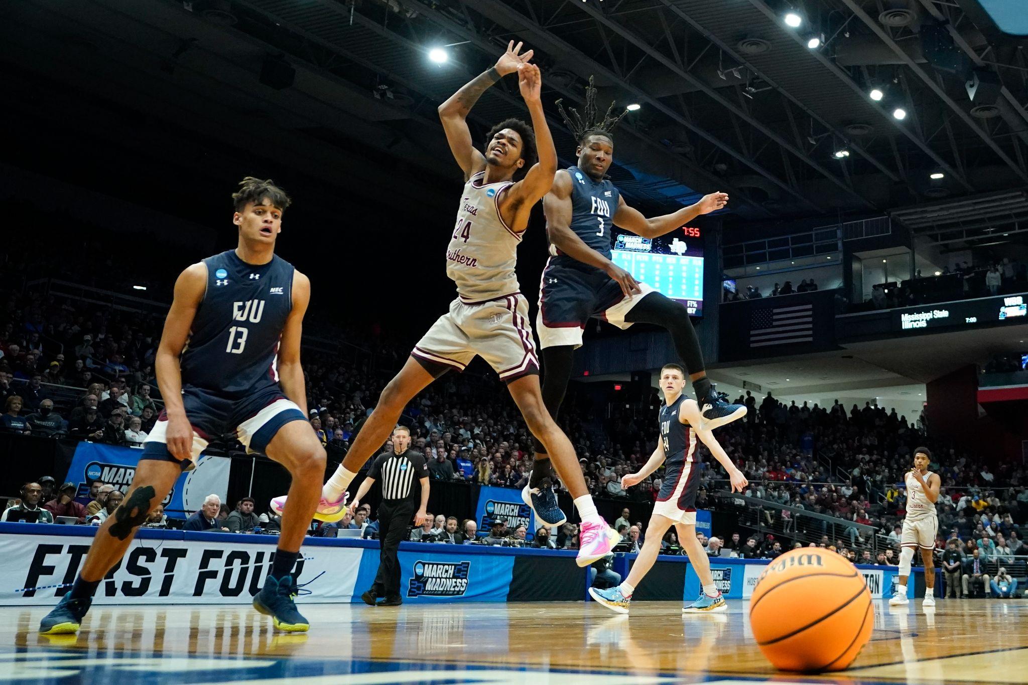 John Walker III of the Texas Southern Tigers attempts a shot at the basket during their NCAA Tournament First Four loss to Fairleigh Dickinson.