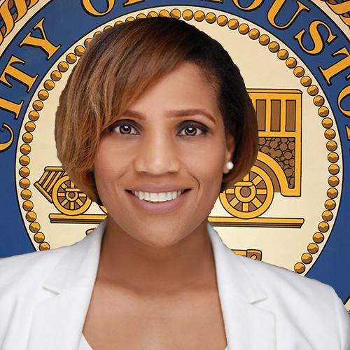 Image of Tiffany D. Thomas against a backdrop of an emblem that says City of Houston