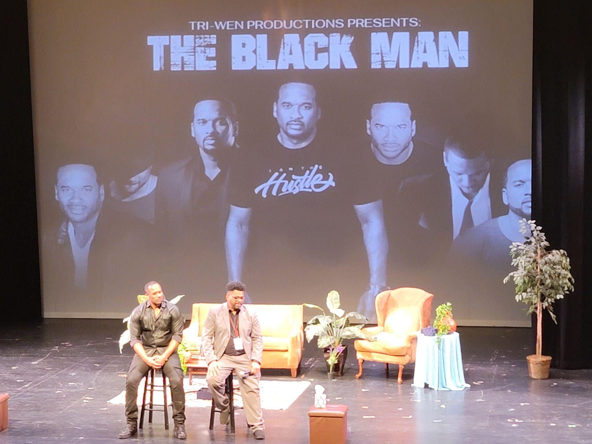 Actor Andre Pitre talks about struggles as a Black man to the audience after the production of The Black Man, The Play at Midtown Arts and Theater Center Houston.