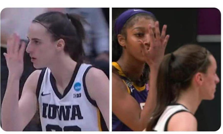Side-by-side images of Caitlyn Clark and Angel Reese (right) on the basketball court during the game doing the same hand gesture
