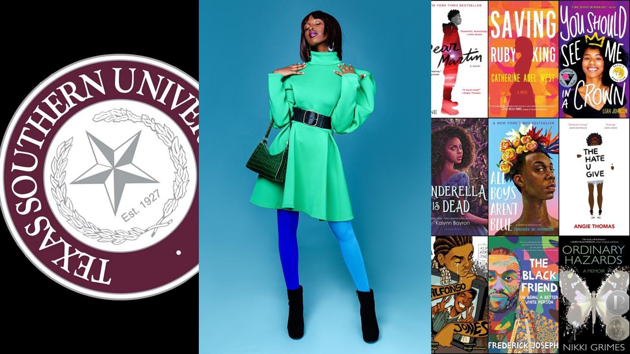 collage of images, including the Texas Southern University logo, a fashionably young woman posing against a blue background and a 3x3 grid of fashion magazine covers that feature Black women on the cover
