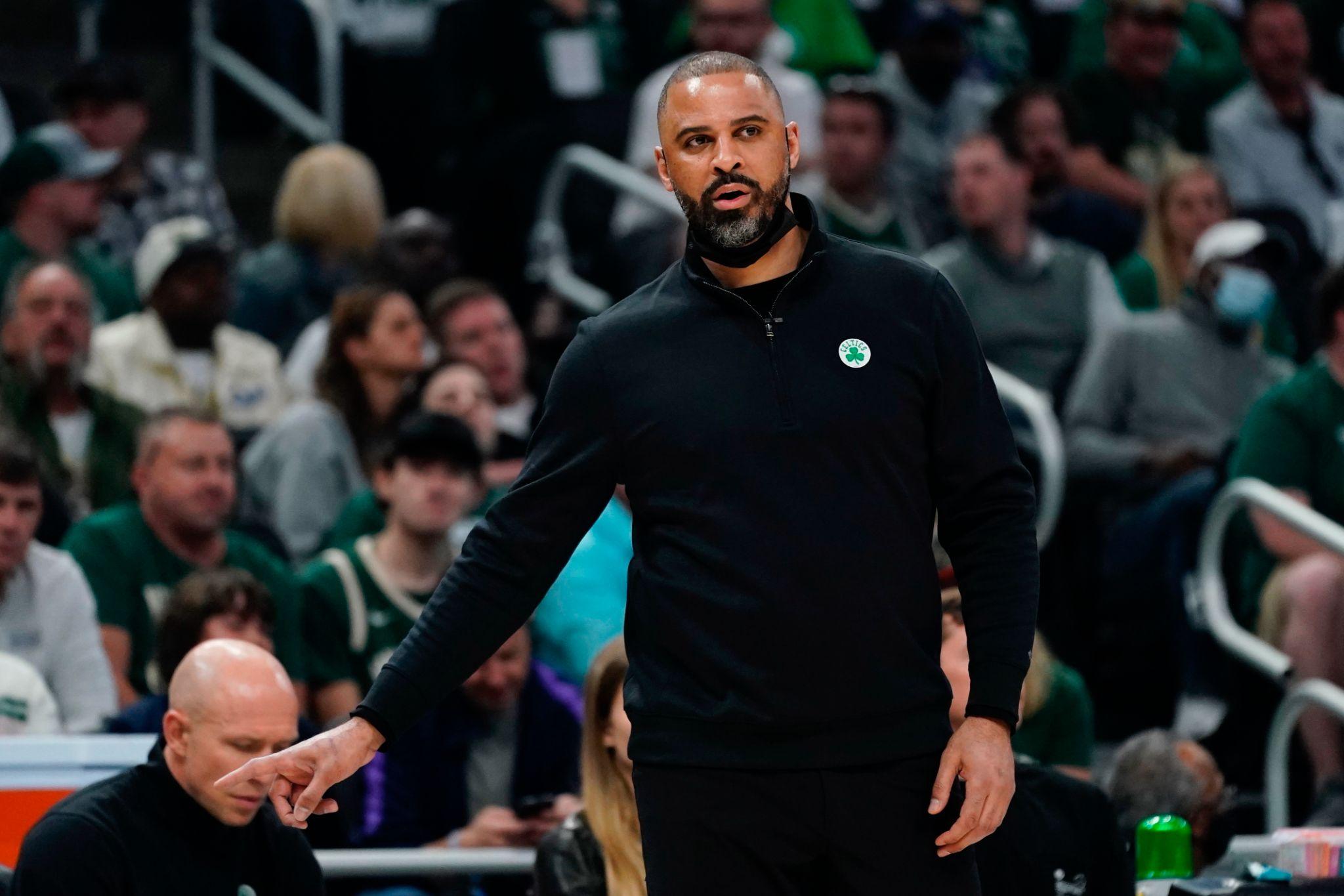 Ime Udoka coaches during a basketball game