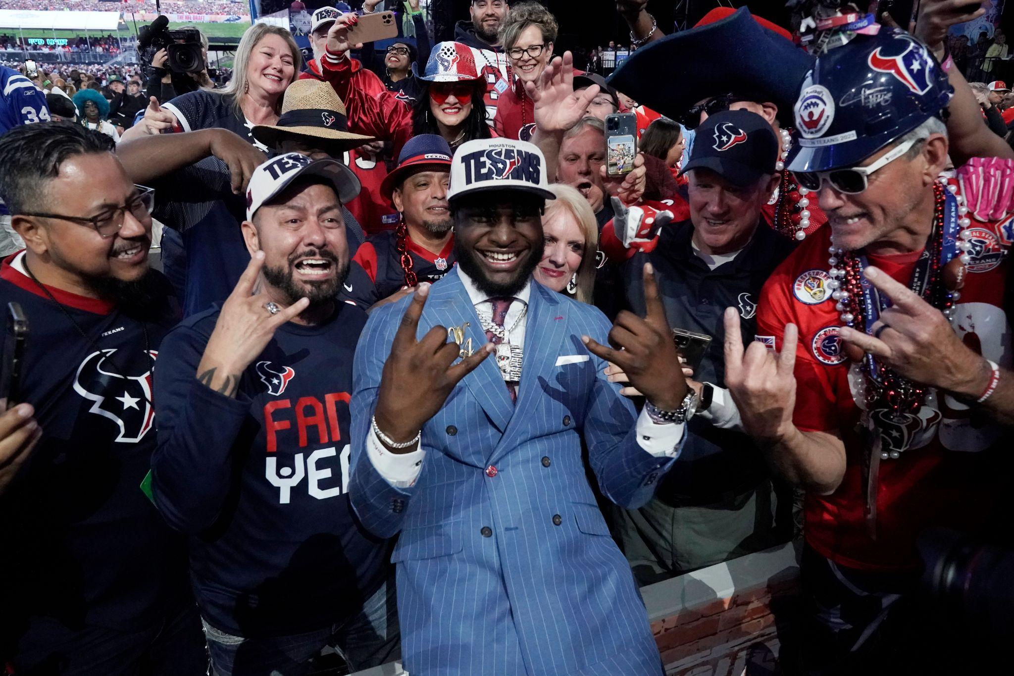 Pictured here celebrating with Texans fans who attended the first night of the 2023 NFL Draft is the Texans second pick of the first round, Alabama edge rusher Will Anderson Jr.
