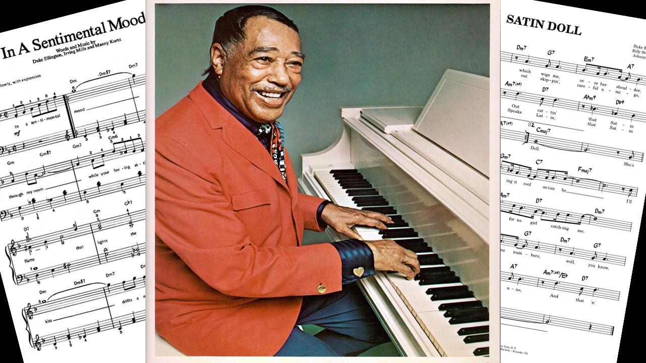 Color image of Duke Ellington with images of sheet music on either side of him