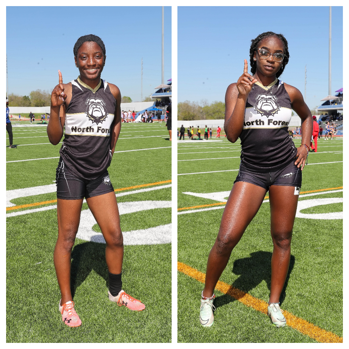 Carde Moore (left) and Alaysha Rodriguez pose after winning an HISD track meet