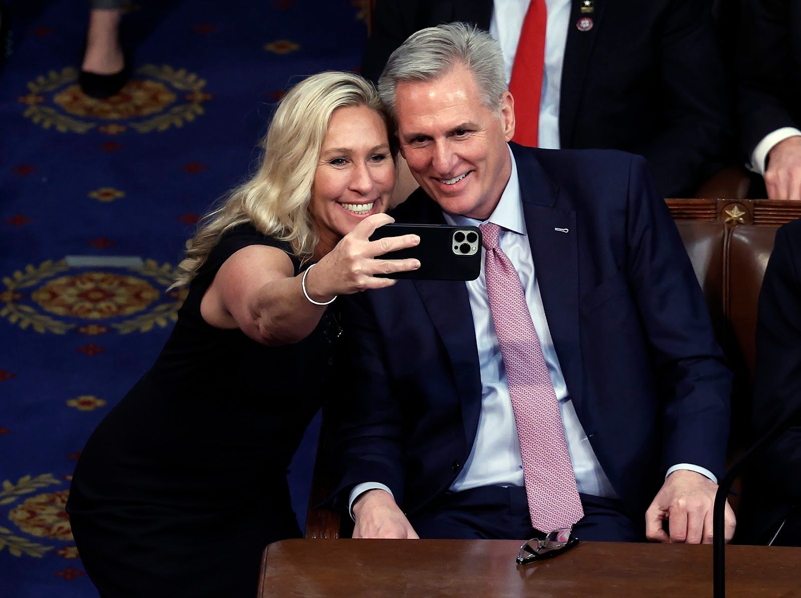 Rep. Marjorie Taylor Greene (R-GA) takes a photo with U.S. House Republican Leader Kevin McCarthy (R-CA)