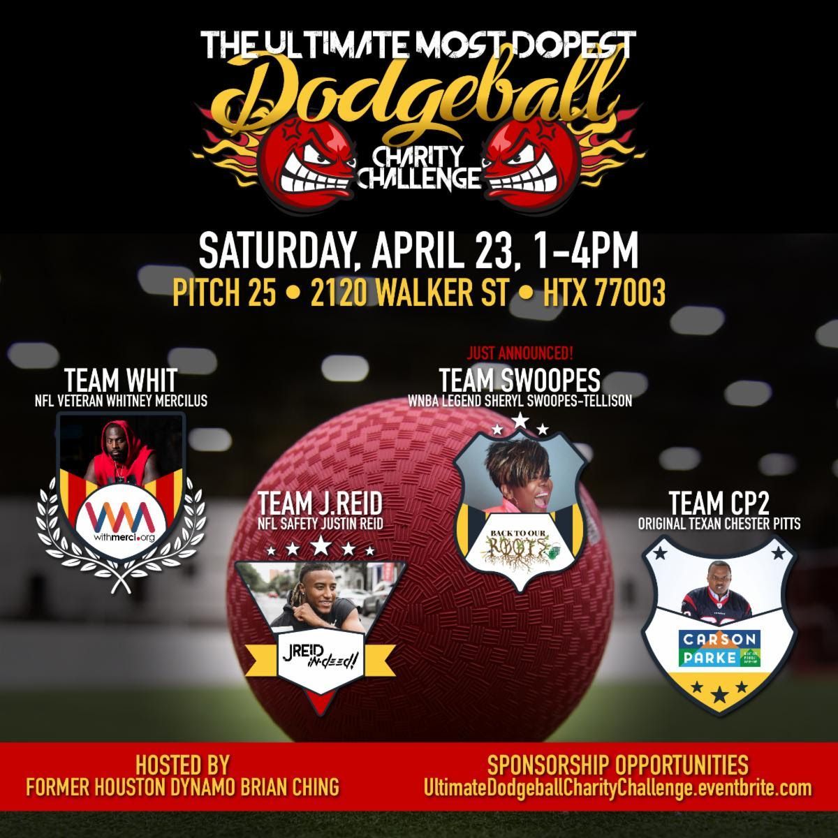 Houston celebrity charity dodgeball charity match flyer.