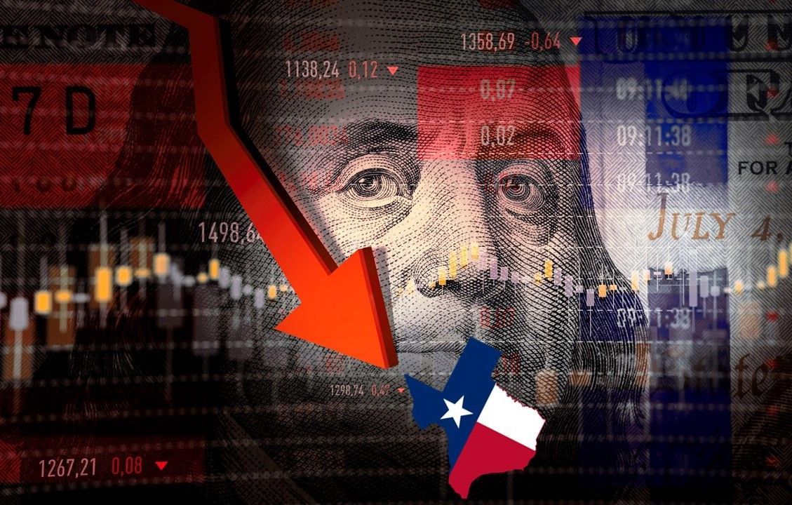 Stock Market Data, Stock Market and Exchange, Stock Market Crash, Dollar Sign, Moving Down with the State of Texas at the bottom.