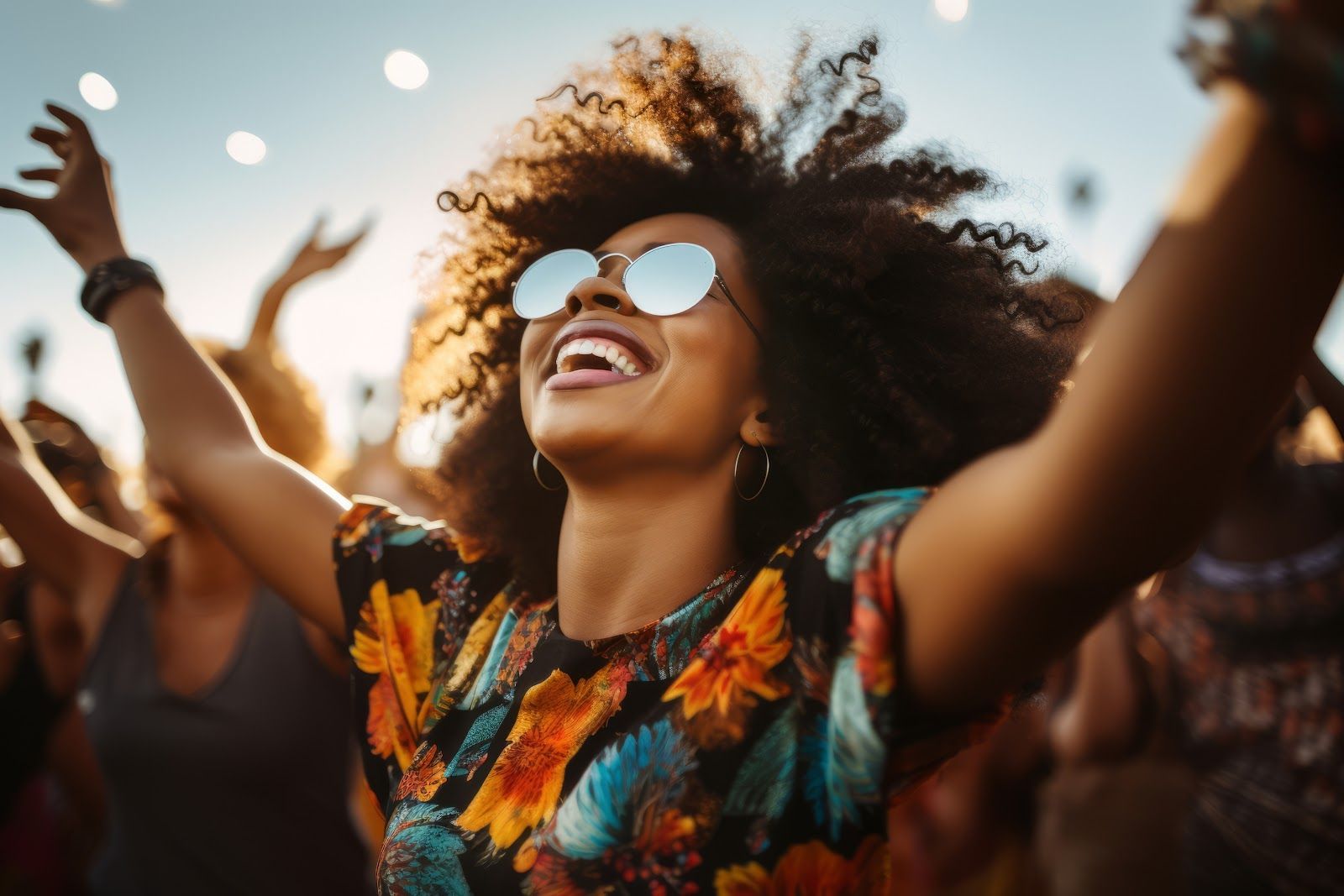 A Black woman full of joy lifting up her hands, and looking up.