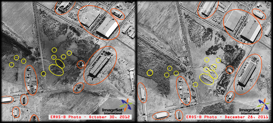 Two images of the Yarmouk ammunition plant in Khartum, Sudan, taken by the Israeli EROS-B spy satellite, before and after the attack.