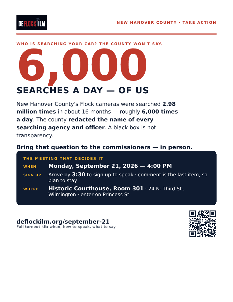 DeFlockILM September 21 flyer — 6,000 Searches a Day