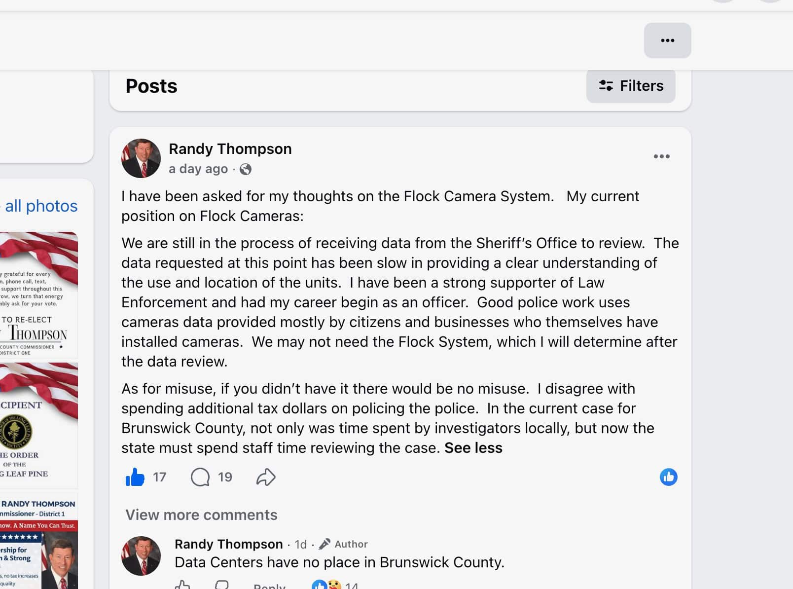 Commissioner Randy Thompson’s September 20, 2026 Facebook post stating his current position on Flock cameras.