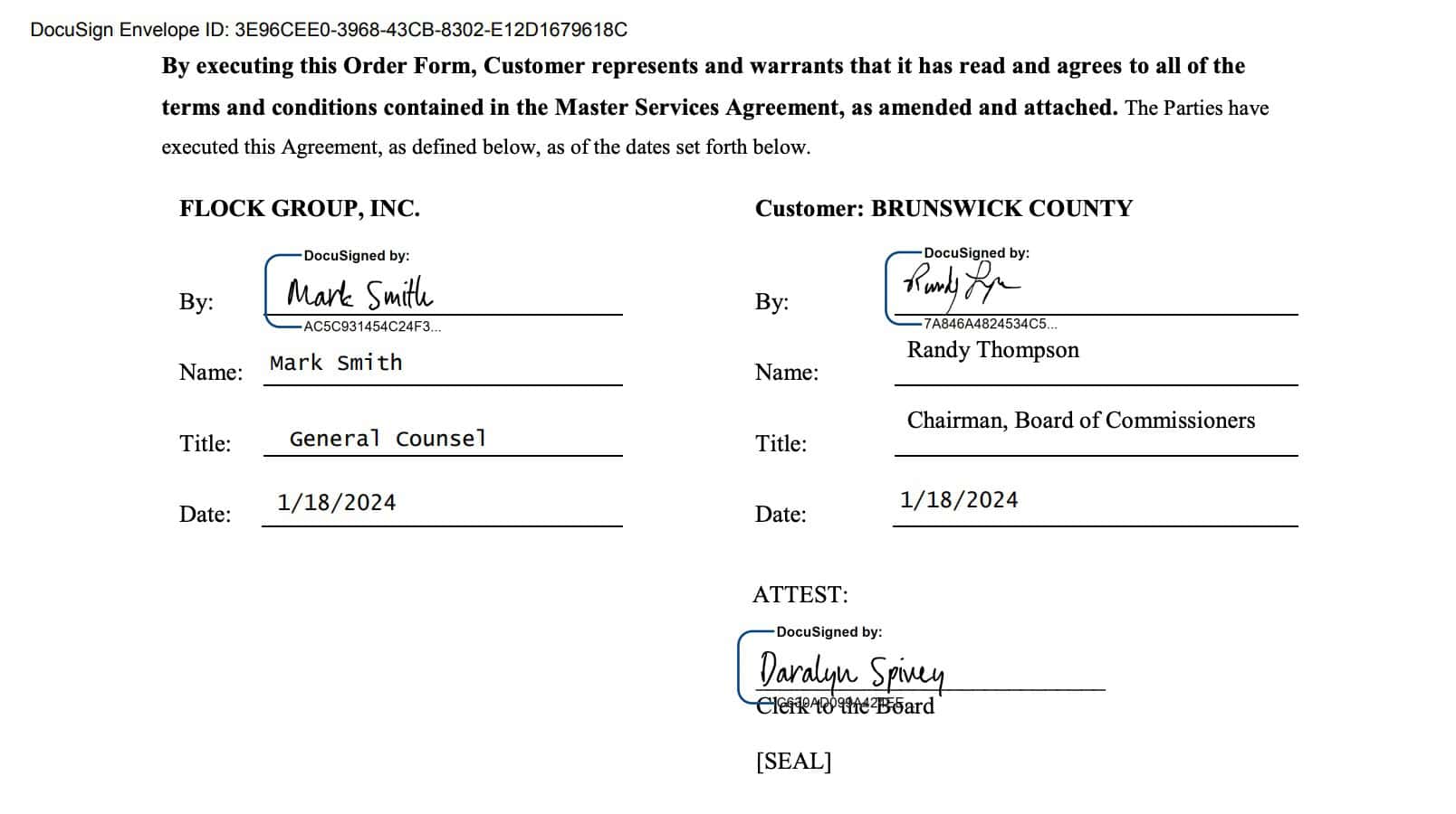 Commissioner Randy Thompson’s signature on the Brunswick County Flock contract, dated January 18, 2024.