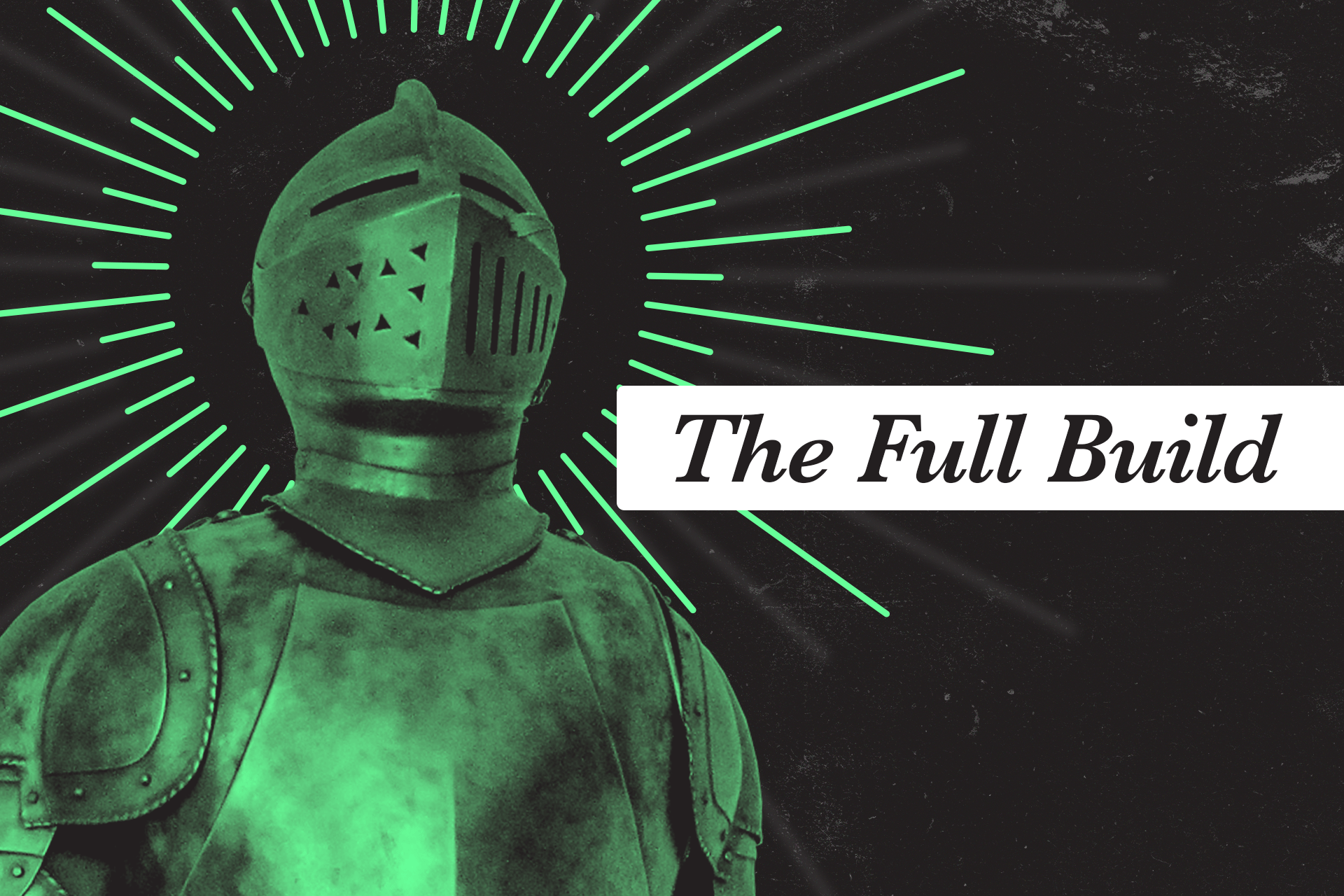 Graphic design of a suit of knight armor that's neon green, against a black, grunge background