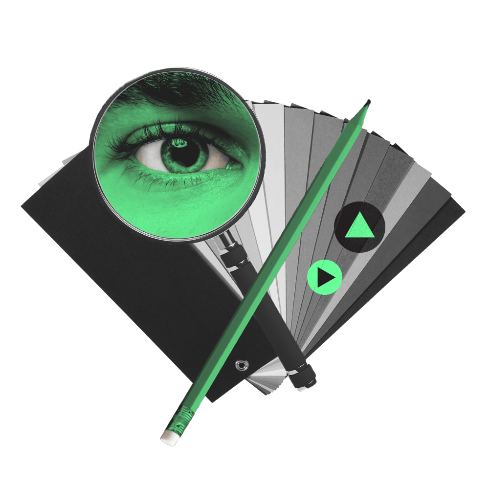 Graphic design photo montage of a color palette, magnifying glass with an eye in it, and a pencil