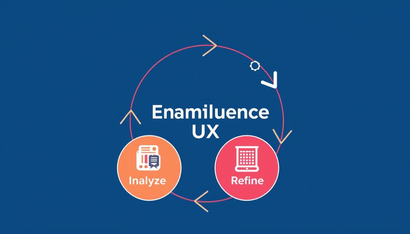 Continuous improvement cycle for ecommerce UX showing analyze, implement, test, and refine stages