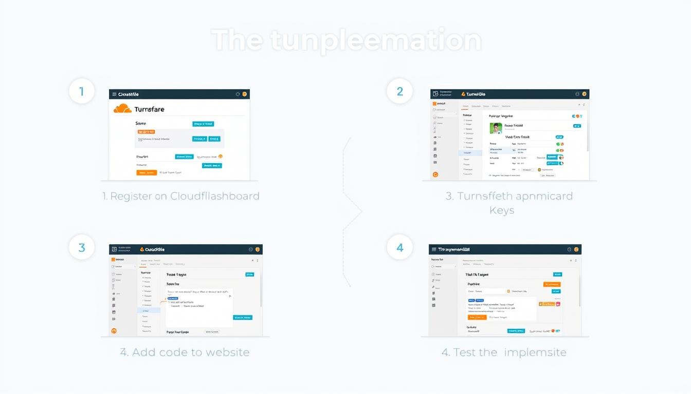 Step-by-step visual guide showing Turnstile implementation process from registration to testing