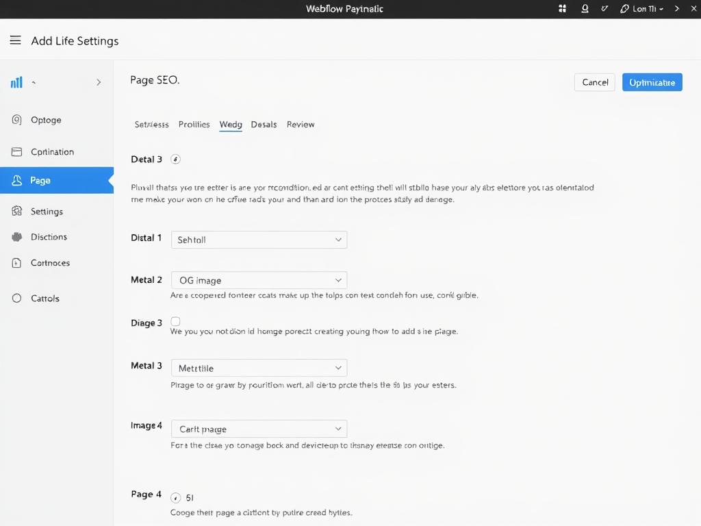 Webflow SEO settings panel showing page optimization options