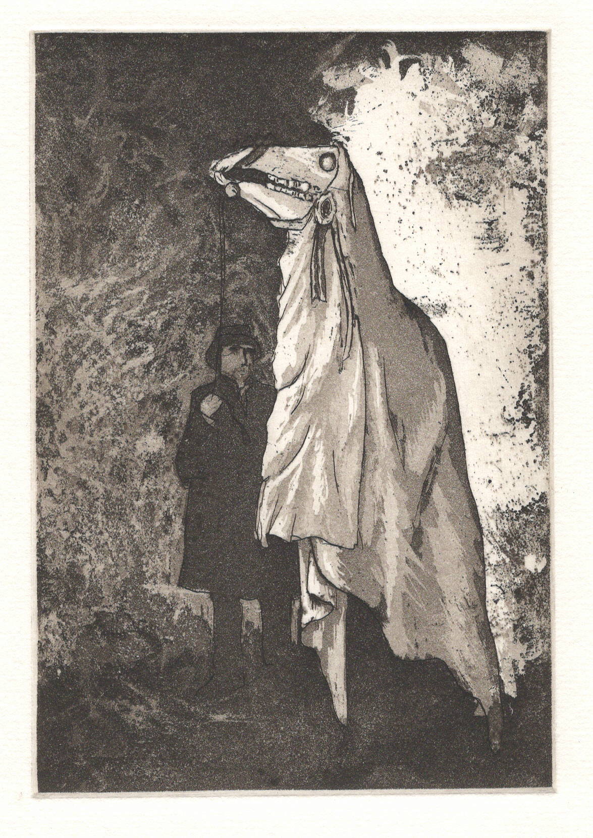 etching in sepia tones of a man and a figure with a horses skull and sheets draped over him.