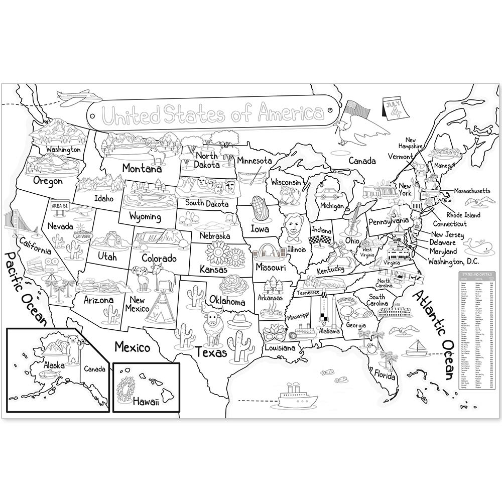 US Map Color In A Colorful Journey Across America USA Map Coloring Poster Blank 