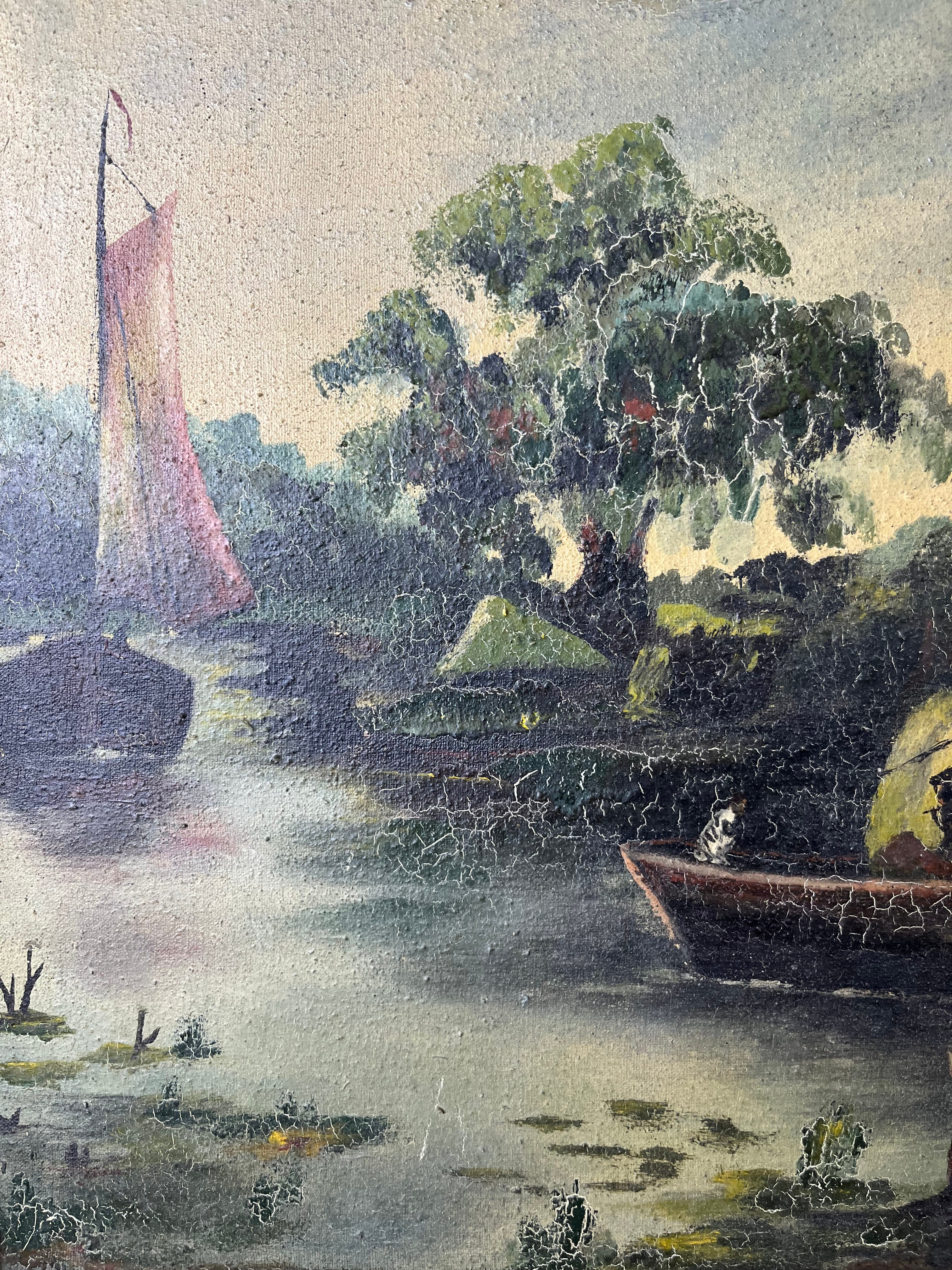 Tablou în ulei pe pânză – Peisaj fluvial cu veliere – Belgia, sfârșit sec. XIX Decoratiuni