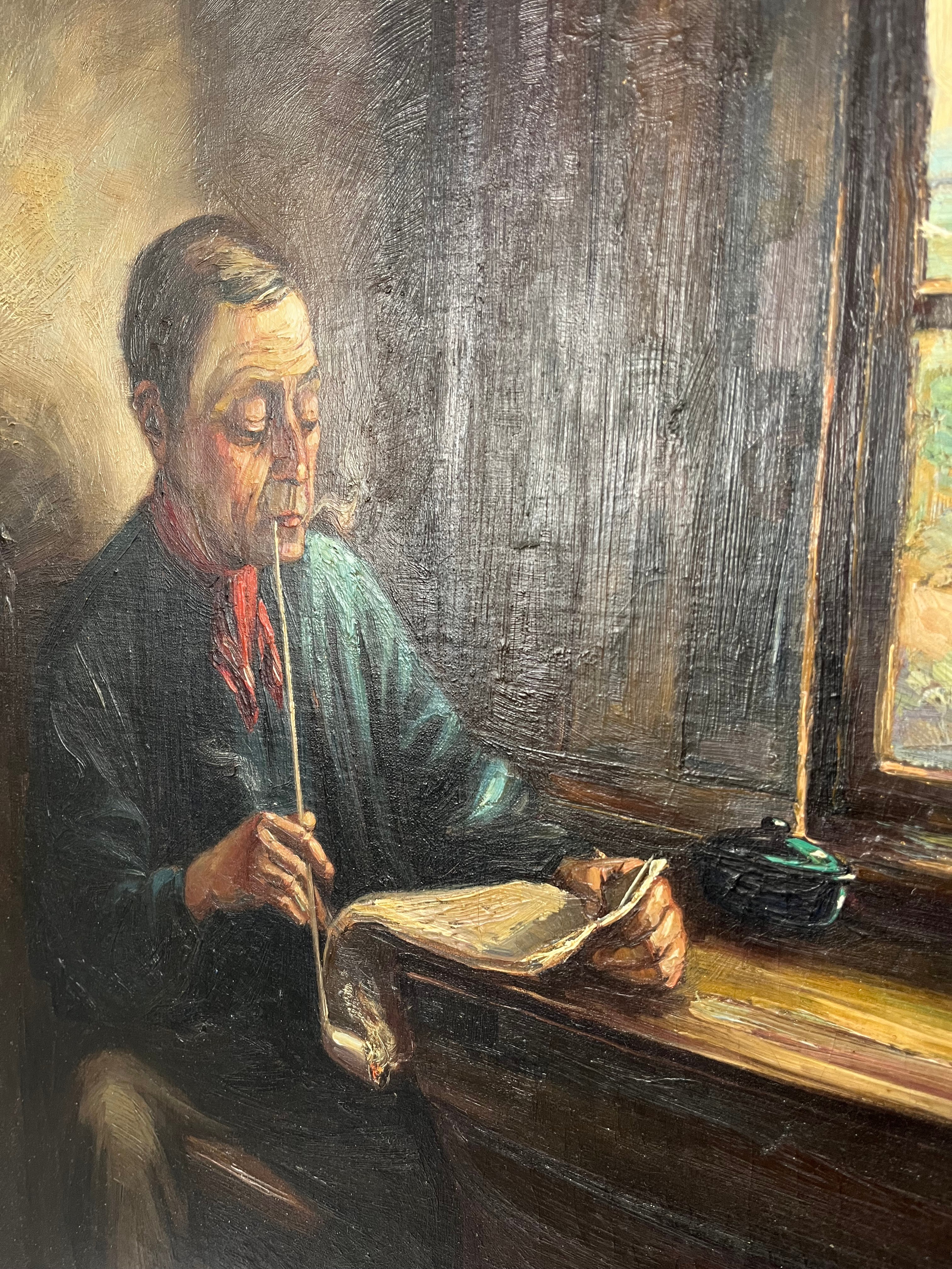Pictură în ulei pe pânză – Interior cu bărbat citind la fereastră, școală belgiană, sfârșit de secol XIX Decoratiuni