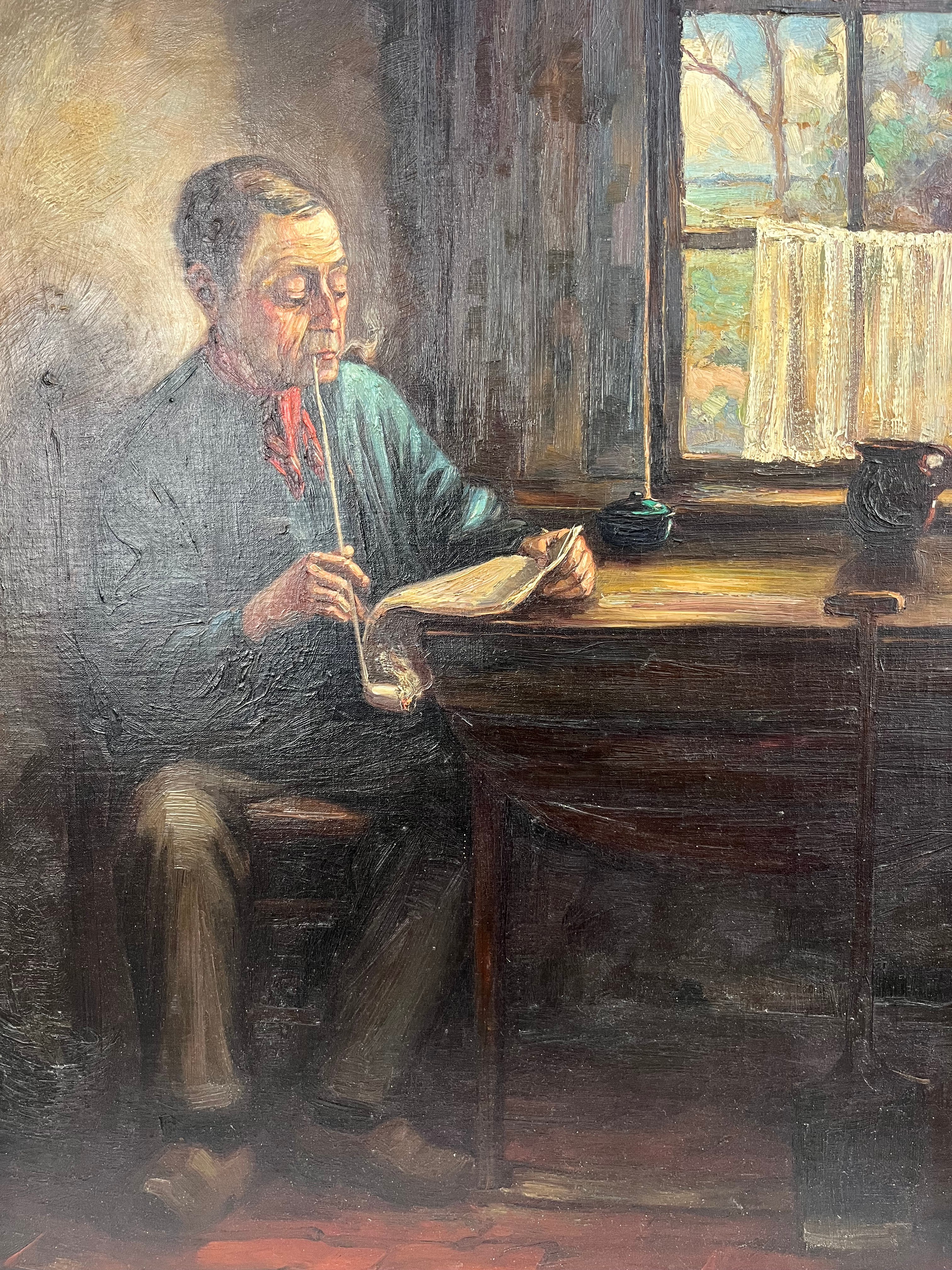 Pictură în ulei pe pânză – Interior cu bărbat citind la fereastră, școală belgiană, sfârșit de secol XIX Decoratiuni