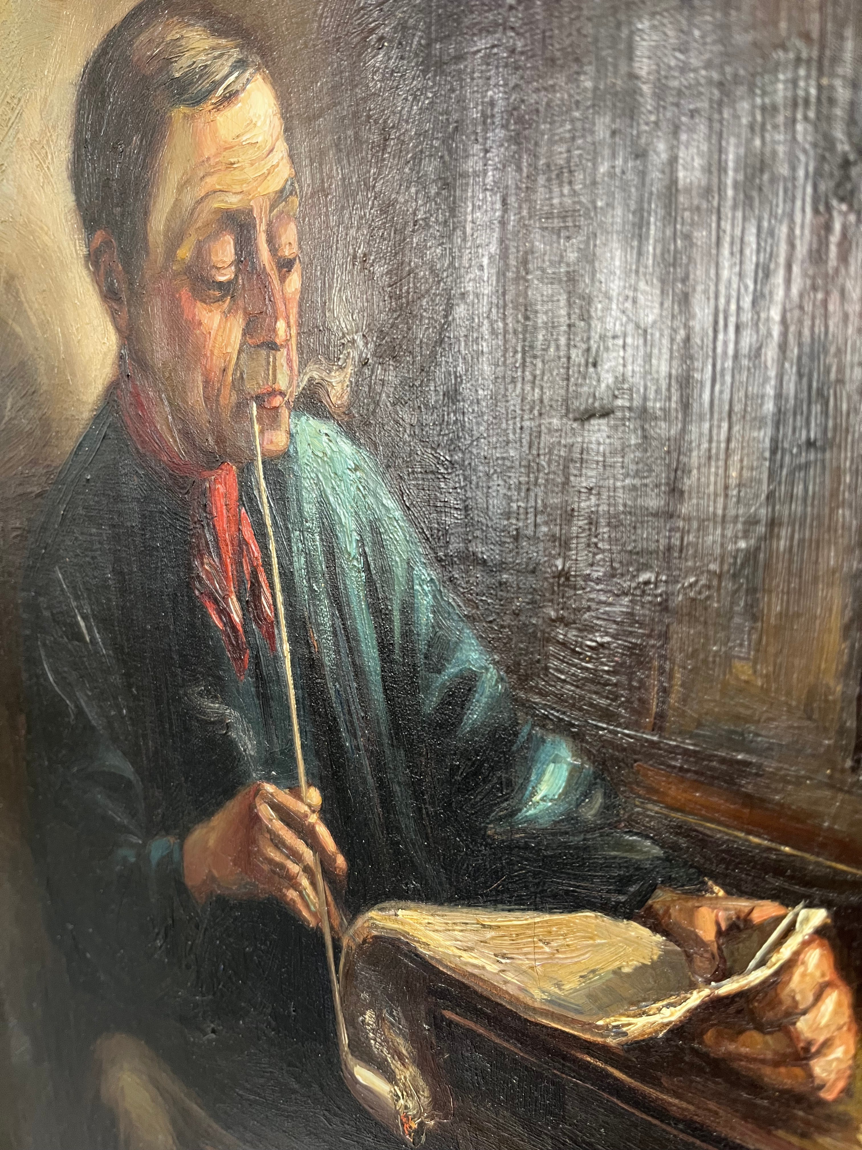 Pictură în ulei pe pânză – Interior cu bărbat citind la fereastră, școală belgiană, sfârșit de secol XIX Decoratiuni