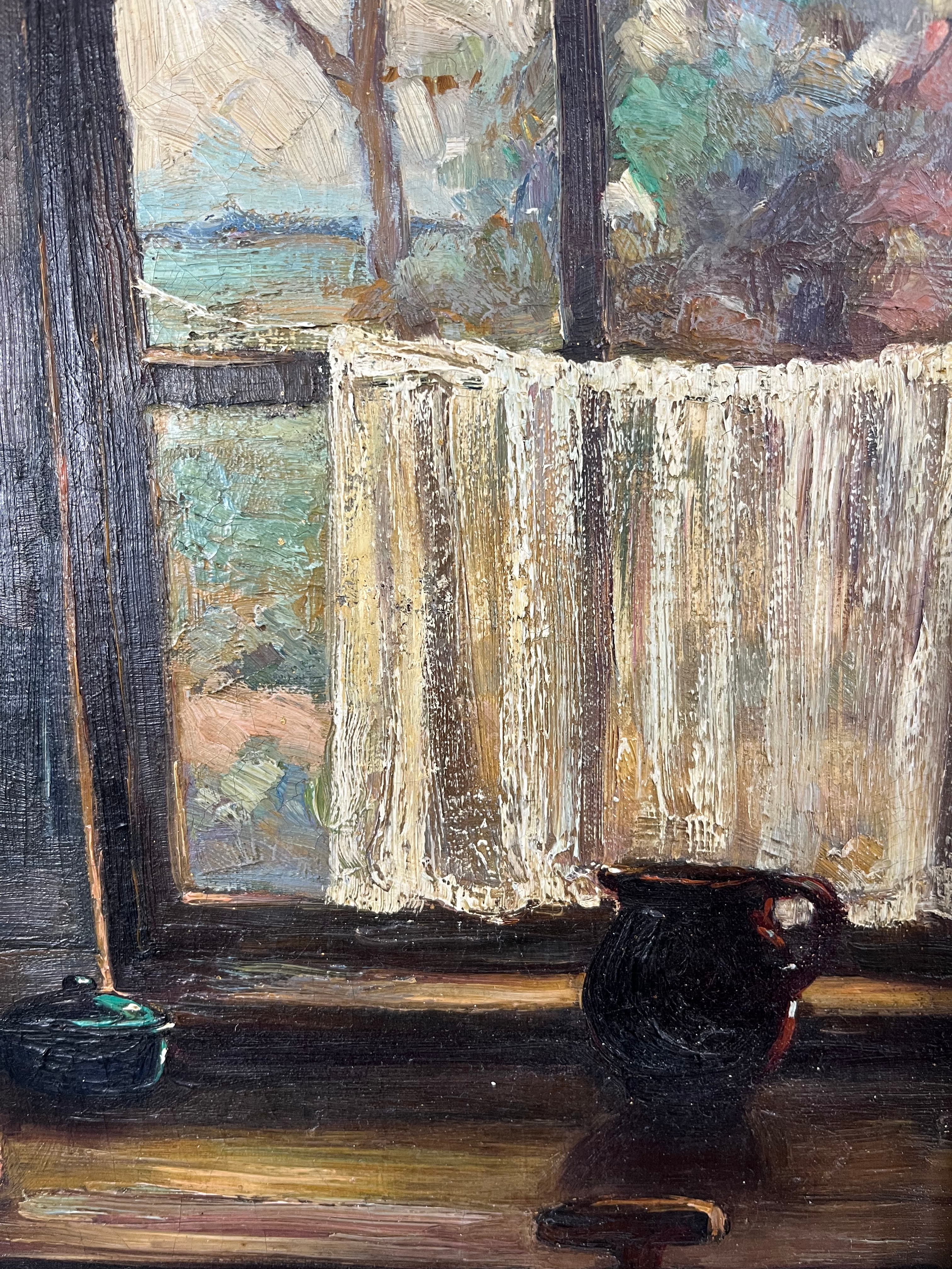 Pictură în ulei pe pânză – Interior cu bărbat citind la fereastră, școală belgiană, sfârșit de secol XIX Decoratiuni