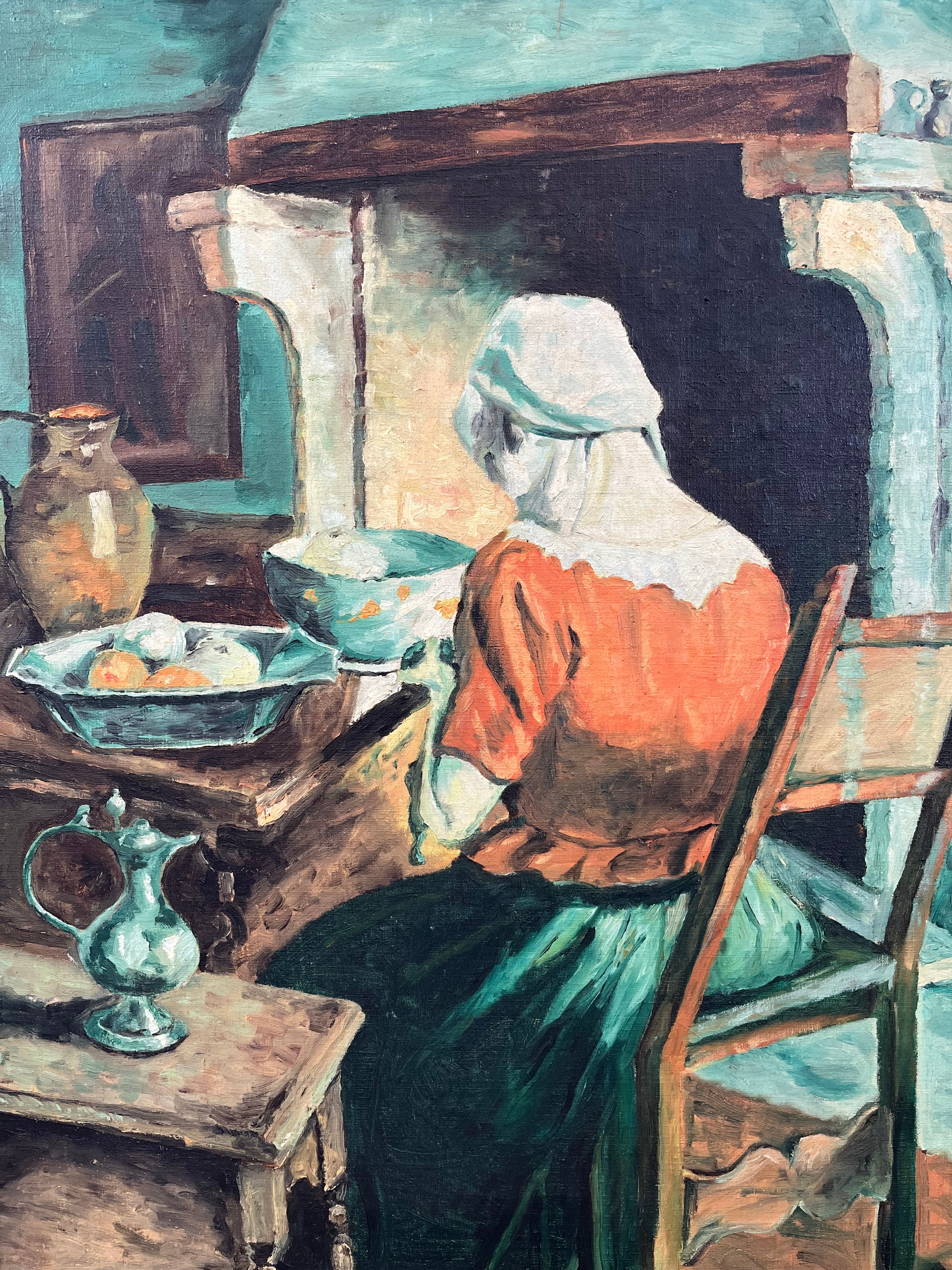 Pictură în ulei pe pânză „Interior rustic cu femeie la vatră”, lucrare pe două fețe (dublă pictură) Decoratiuni