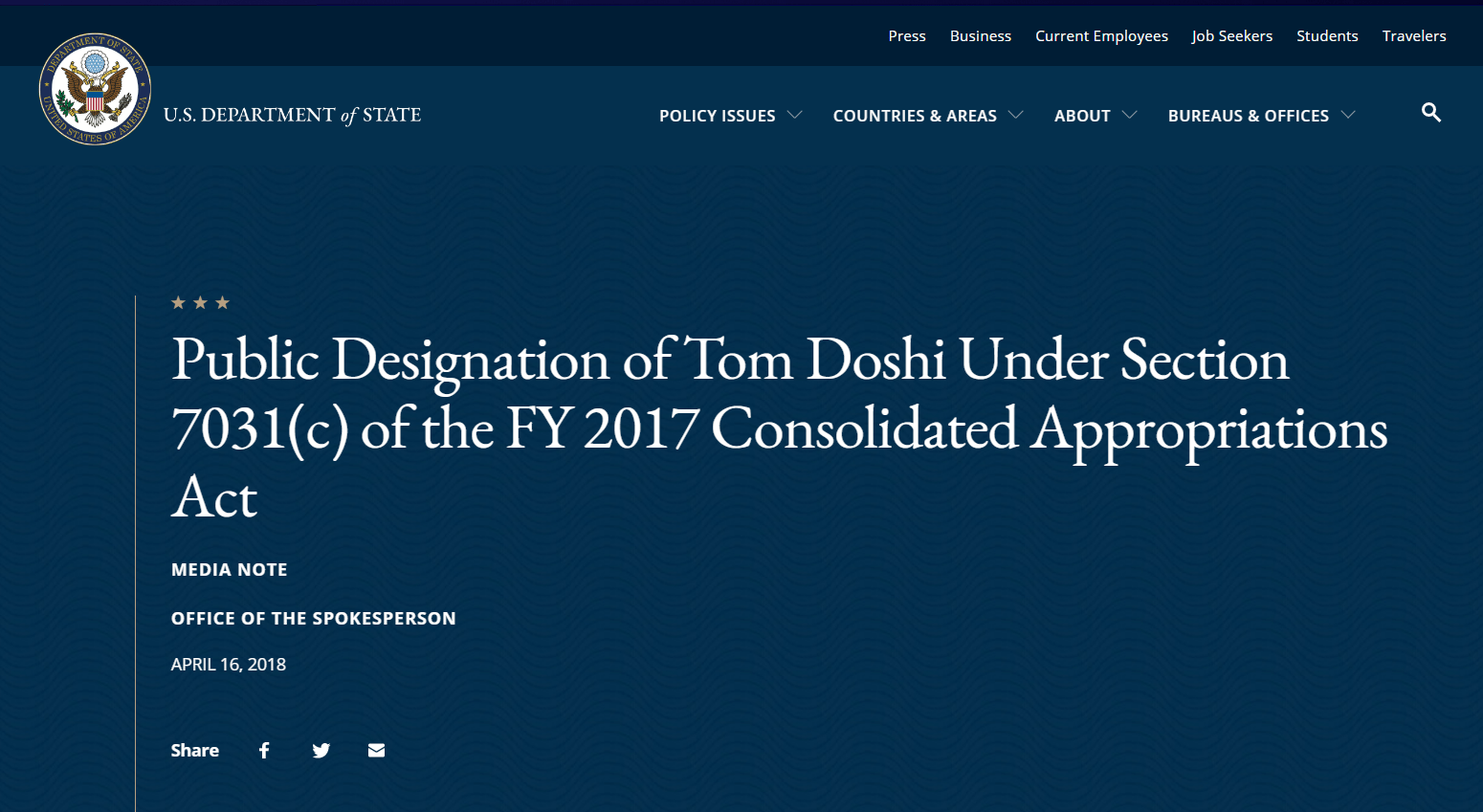 SHBA, vendimi për shpalljen “non grada” të deputetit Tom Doshi