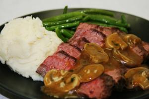 Sliced Flank Steak with Mushroom Sauce served with your choice of 2 sides