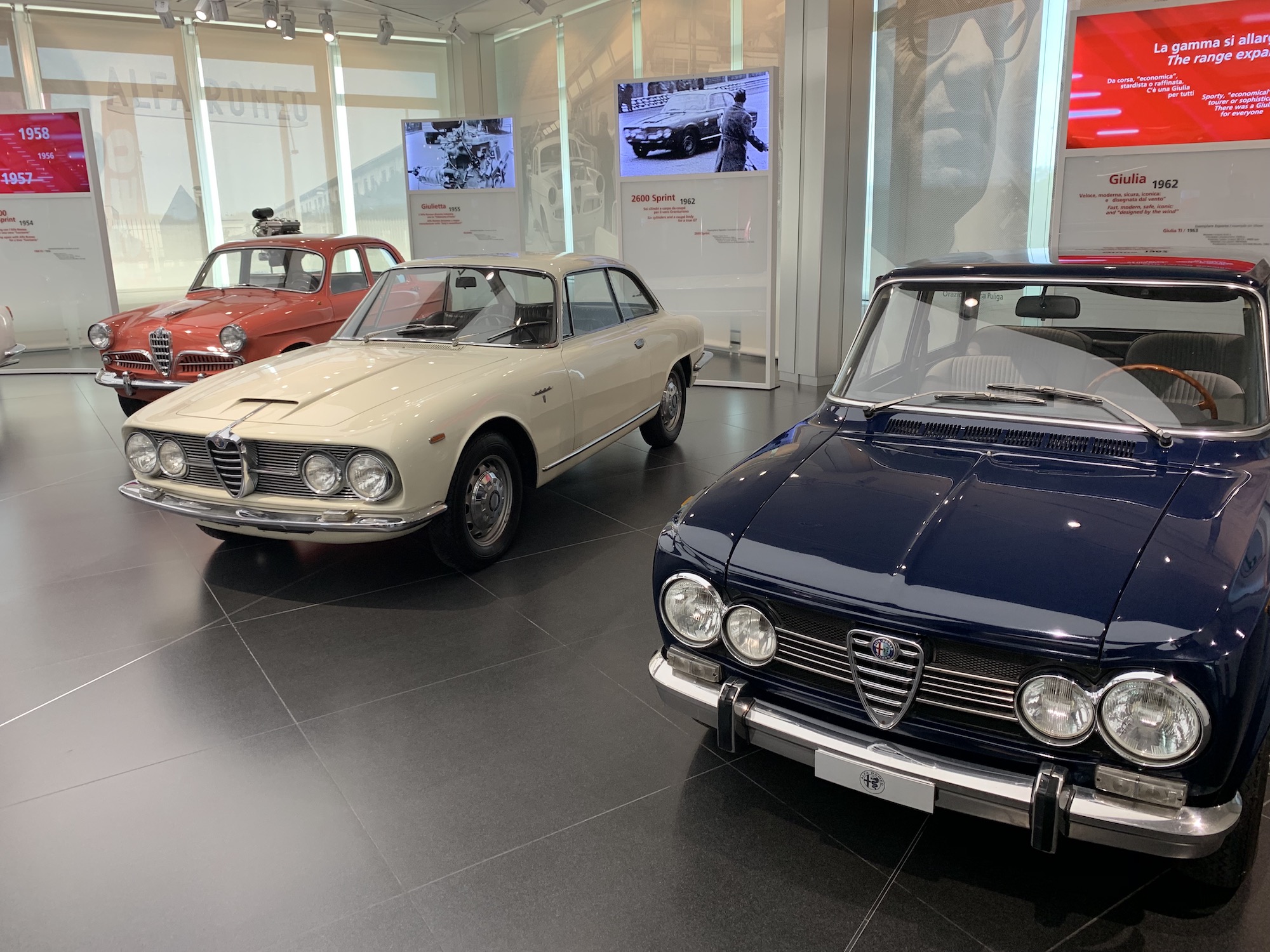 The Alfa Giulia, Alfa 2600 sprint and Alfa Giulietta t the Alfa Museum in Italy