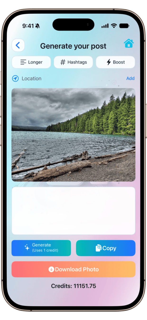 Create A Post — generated caption and hashtags