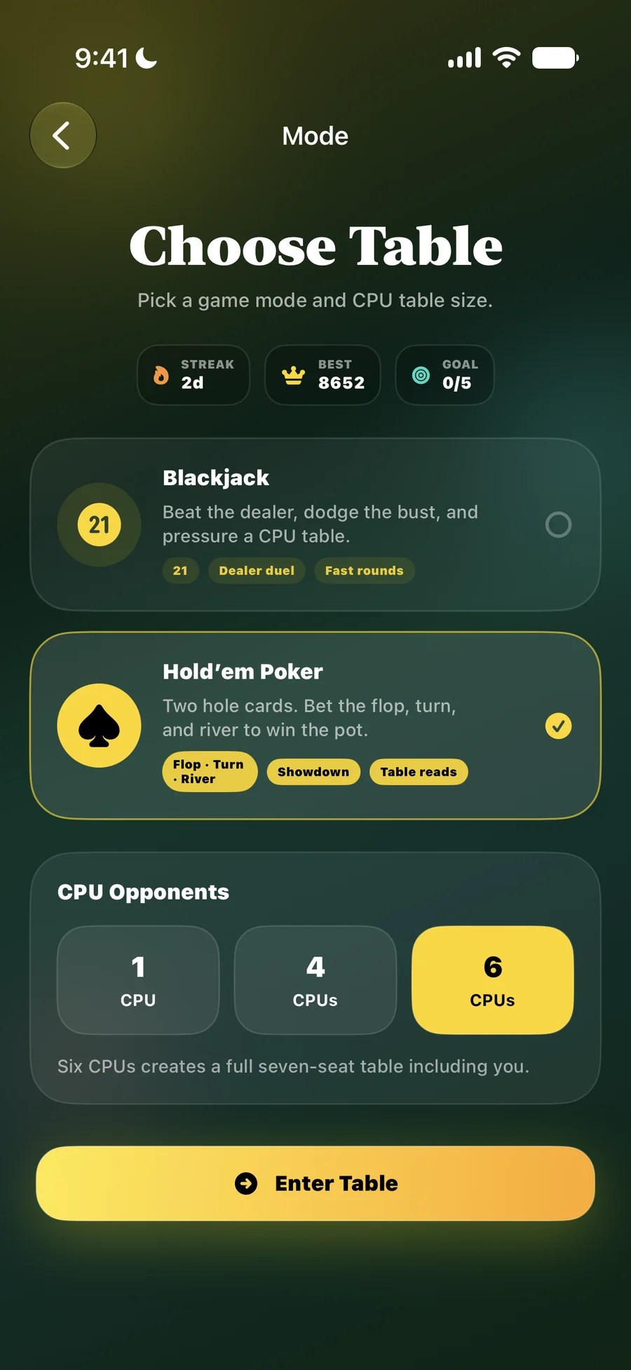 Choose Table screen with game mode and CPU table size