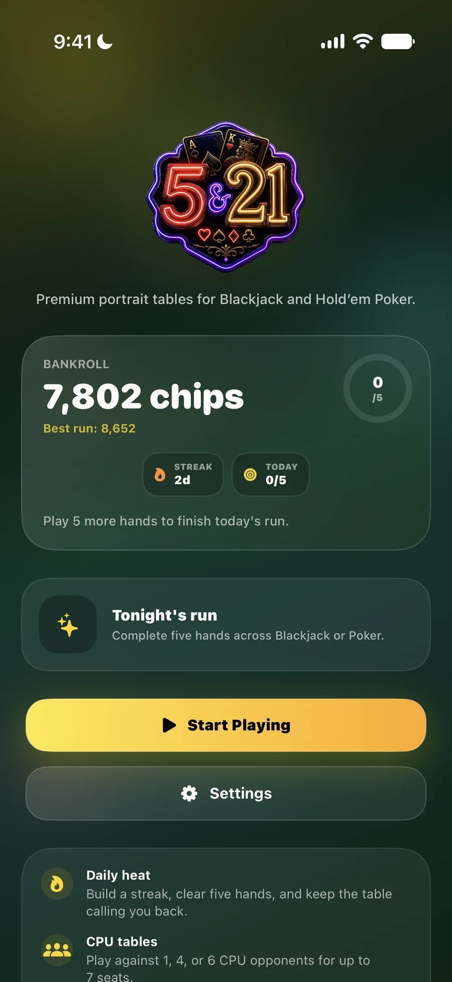 Home screen showing chip bankroll and daily bonus