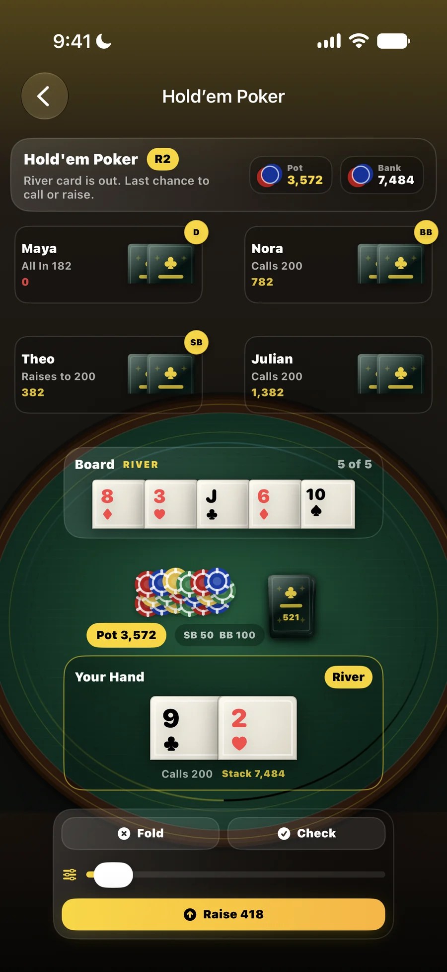 Hold'em river card on the board