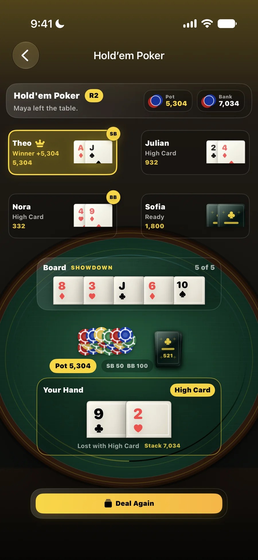 Hold'em showdown revealing the winning hand